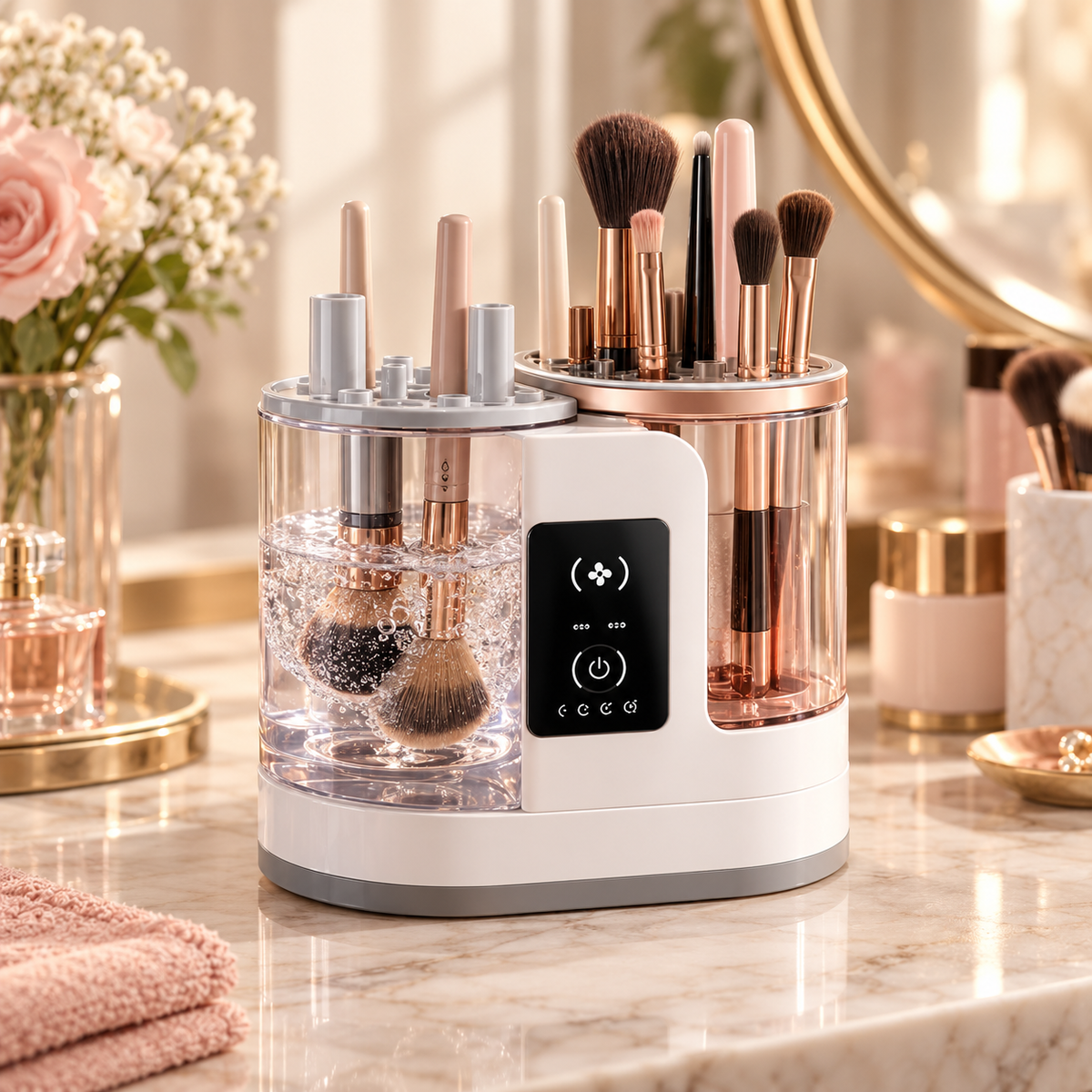 Domenda Brush Care Station on a warm vanity with makeup brushes